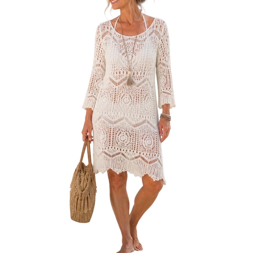 H&M White Crochet  Long Sleeve Beach Cover Up Mini Dress  Resort Cruise Small